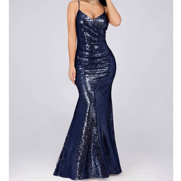 Ever Pretty Navy Blue Sexy Spaghetti Straps Fishtail Sequin Evening Gown US 16 - Picture 1 of 12